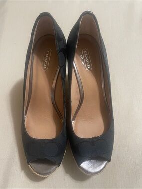 Coach Black Peep-Toe Canvas Wedges